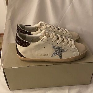 Golden Goose Women's White Sneakers with Silver Star and Glitter Heel